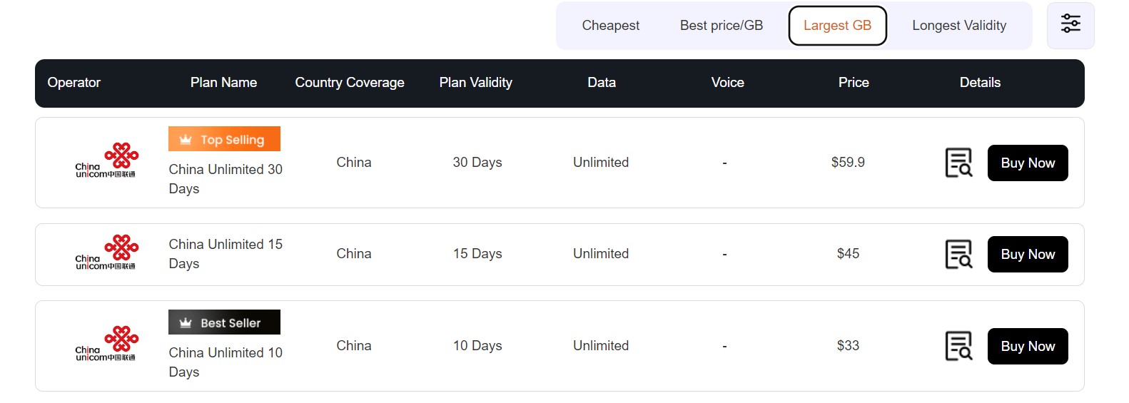 Advanced Search on AirHubApp to search for Largest GB plans