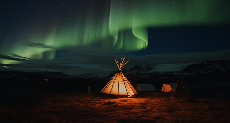 Image featuring a tent set up under Aurora Borealis.